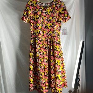 LuLaRoe Amelia M Dress Pink, Yellow and Black zipper up back New with Tags